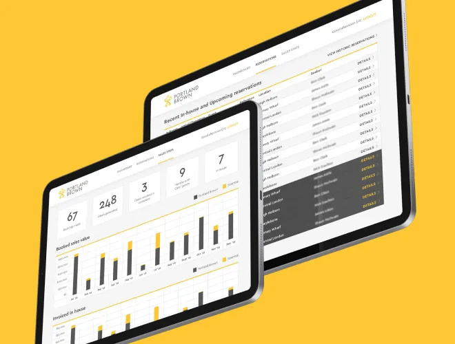 Two desktop website screens showcasing a dashboard for Portland Brown