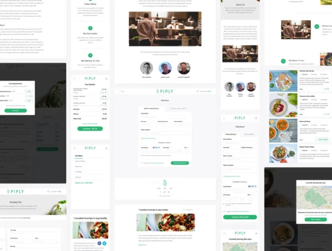 Group of mobile and desktop website screens showcasing general pages of a website
