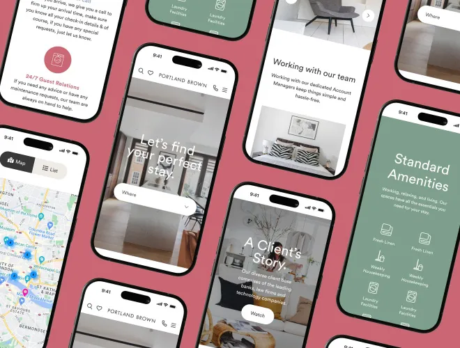 Group of mobile website screens showcasing general pages of a website