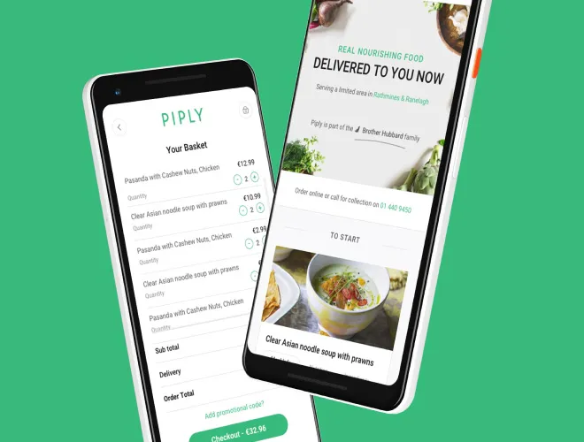 Two mobile e-commerce website screens showcasing basket and a home page on mobile devices
