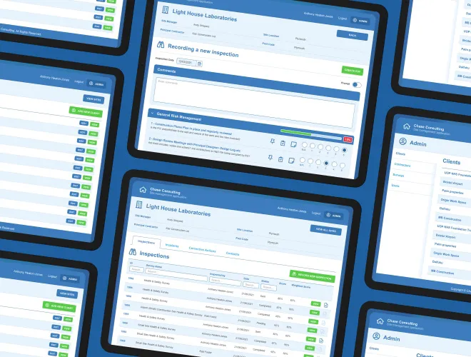 Group of desktop website screens showcasing a dashboard for Chase Consulting