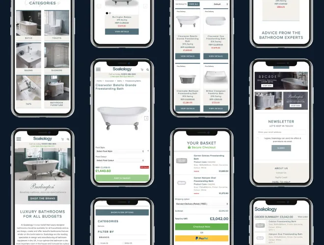 Group of mobile e-commerce website screens showcasing bathroom products, basket and checkout pages on mobile devices